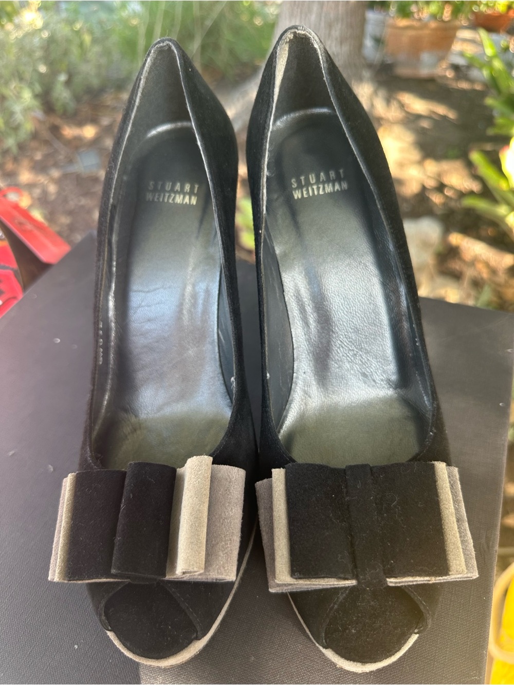 Stuart Weitzman Black and Gray Suede Bow Peep-Toe Pumps